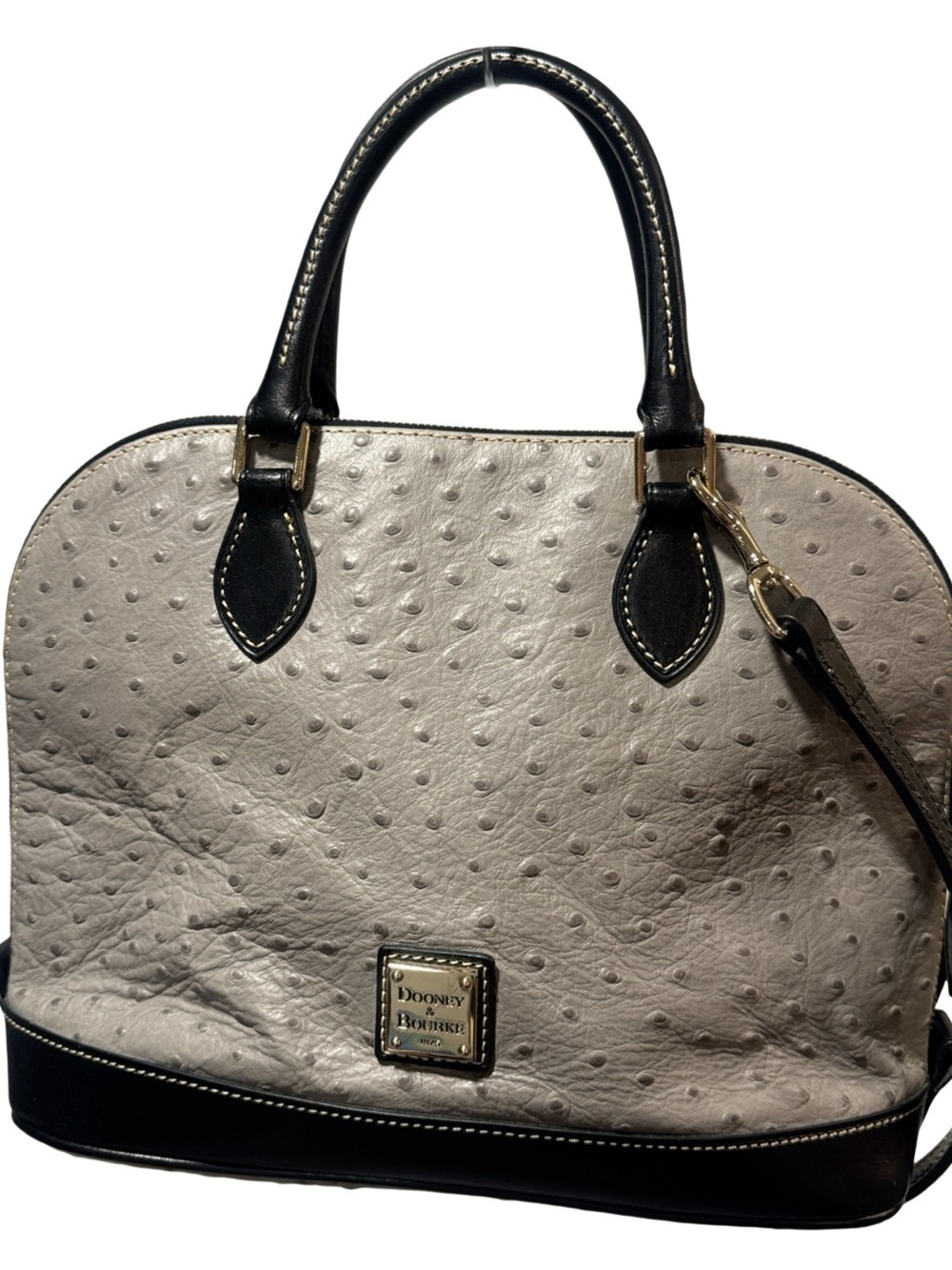 Dooney & Bourke Gray and Black Ostrich-Embossed Zip Satchel Bag